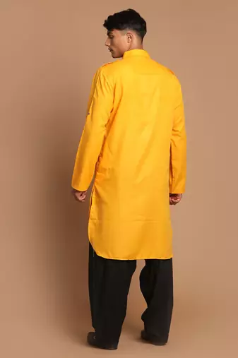 Mustard And Black Cotton Blend Pathani Kurta Set