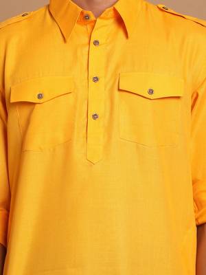 Mustard And Black Cotton Blend Pathani Kurta Set 4
