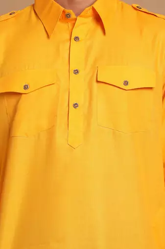 Mustard And Black Cotton Blend Pathani Kurta Set