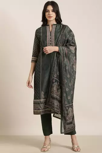 women's mandarin collar paisley green straight kurta and trouser with dupatta
