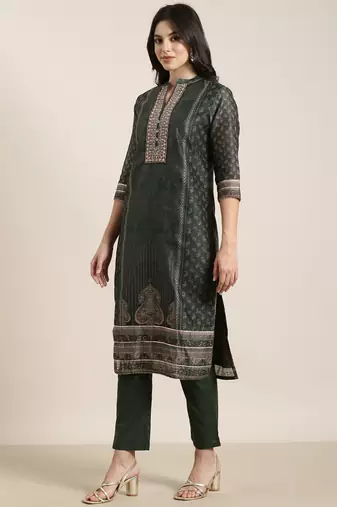 women's mandarin collar paisley green straight kurta and trouser with dupatta