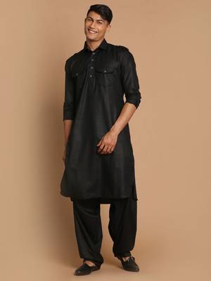 Black Cotton Blend Pathani Kurta Set 1
