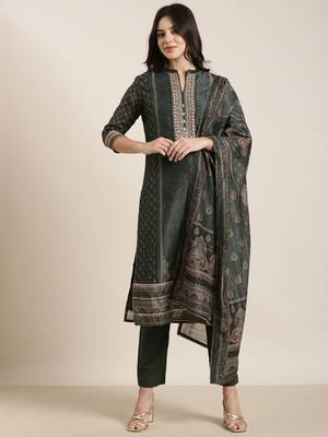 women's mandarin collar paisley green straight kurta and trouser with dupatta 4