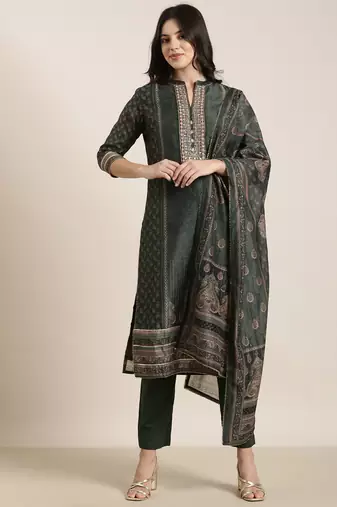 women's mandarin collar paisley green straight kurta and trouser with dupatta