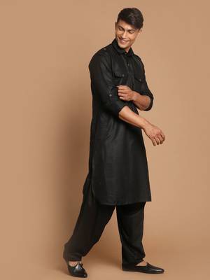 Black Cotton Blend Pathani Kurta Set 2