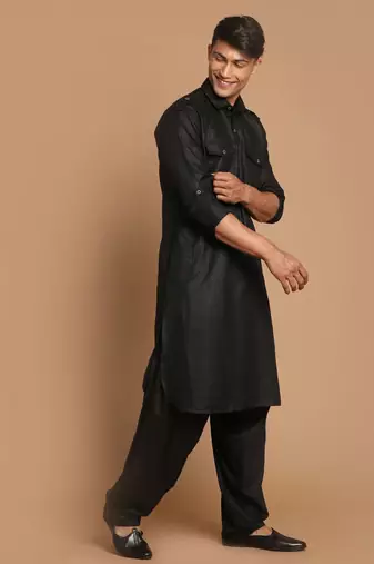 Black Cotton Blend Pathani Kurta Set