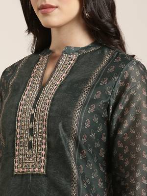 women's mandarin collar paisley green straight kurta and trouser with dupatta 5
