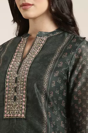 women's mandarin collar paisley green straight kurta and trouser with dupatta