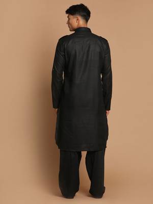 Black Cotton Blend Pathani Kurta Set 3