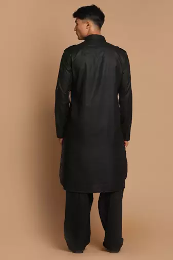Black Cotton Blend Pathani Kurta Set