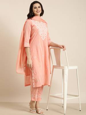 women's round neck solid peach straight kurta and trouser with dupatta 1