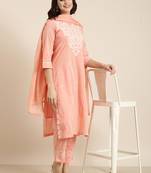 women's round neck solid peach straight kurta and trouser with dupatta