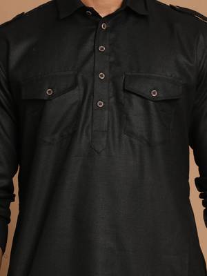 Black Cotton Blend Pathani Kurta Set 4