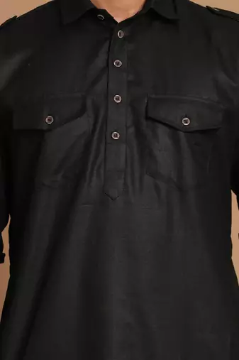 Black Cotton Blend Pathani Kurta Set