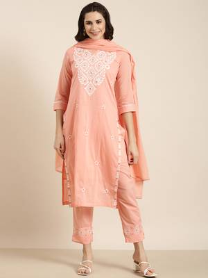 women's round neck solid peach straight kurta and trouser with dupatta 2