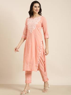 women's round neck solid peach straight kurta and trouser with dupatta 3