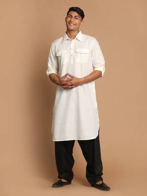Cream And Black Cotton Blend Pathani Kurta Set 1
