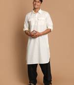 Cream And Black Cotton Blend Pathani Kurta Set