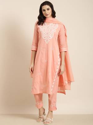 women's round neck solid peach straight kurta and trouser with dupatta 4