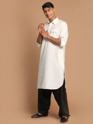 Cream And Black Cotton Blend Pathani Kurta Set 2