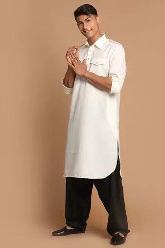 Cream And Black Cotton Blend Pathani Kurta Set