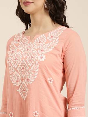 women's round neck solid peach straight kurta and trouser with dupatta 5