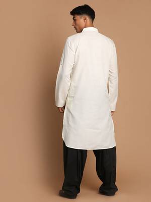 Cream And Black Cotton Blend Pathani Kurta Set 3