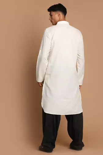 Cream And Black Cotton Blend Pathani Kurta Set
