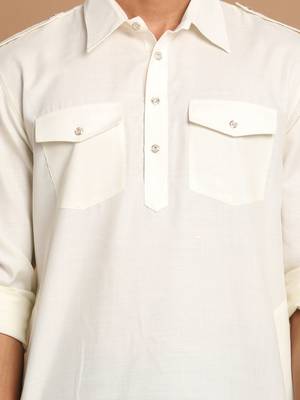 Cream And Black Cotton Blend Pathani Kurta Set 4