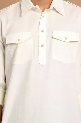 Cream And Black Cotton Blend Pathani Kurta Set