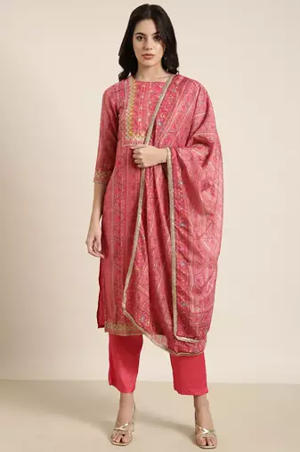 women's round neck floral zari pink straight kurta and trouser with dupatta