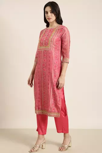 women's round neck floral zari pink straight kurta and trouser with dupatta