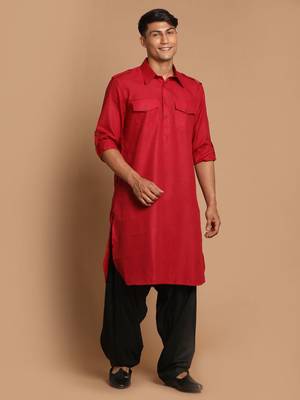 Maroon And Black Cotton Blend Pathani Kurta Set 1