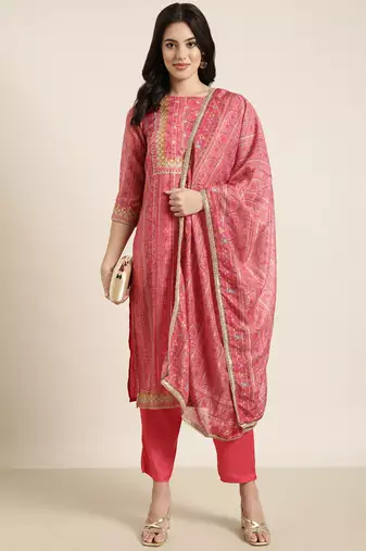 women's round neck floral zari pink straight kurta and trouser with dupatta