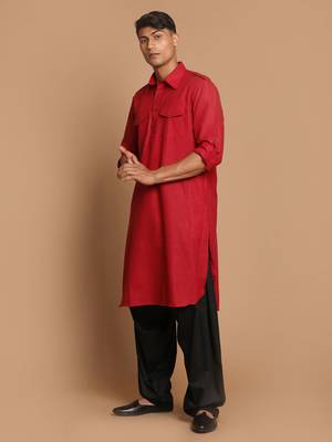 Maroon And Black Cotton Blend Pathani Kurta Set 2