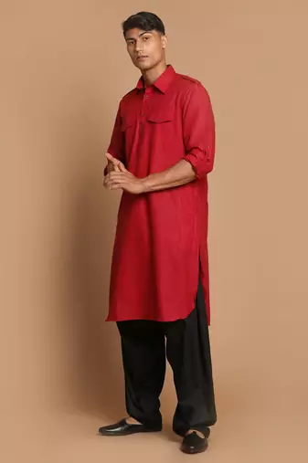 Maroon And Black Cotton Blend Pathani Kurta Set