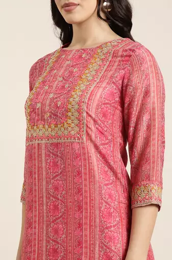 women's round neck floral zari pink straight kurta and trouser with dupatta