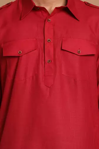 Maroon And Black Cotton Blend Pathani Kurta Set