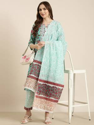 women's round neck floral block print turquoise blue straight kurta and trouser with dupatta 1