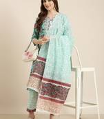 women's round neck floral block print turquoise blue straight kurta and trouser with dupatta