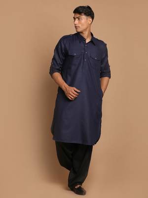 Blue And Black Cotton Blend Pathani Kurta Set 1