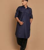 Blue And Black Cotton Blend Pathani Kurta Set