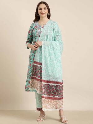 women's round neck floral block print turquoise blue straight kurta and trouser with dupatta 2