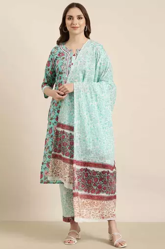 women's round neck floral block print turquoise blue straight kurta and trouser with dupatta