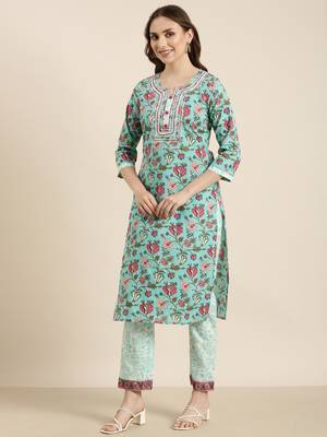 women's round neck floral block print turquoise blue straight kurta and trouser with dupatta 3