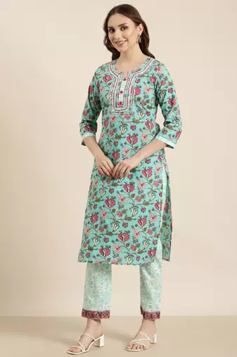 women's round neck floral block print turquoise blue straight kurta and trouser with dupatta