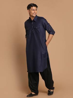 Blue And Black Cotton Blend Pathani Kurta Set 2