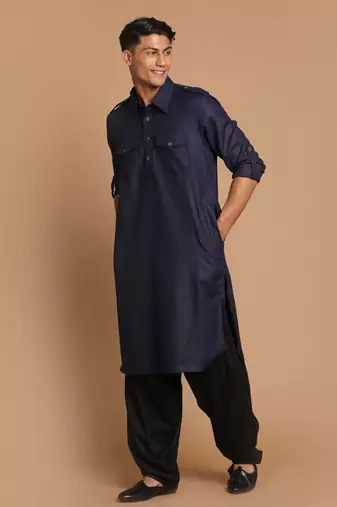 Blue And Black Cotton Blend Pathani Kurta Set