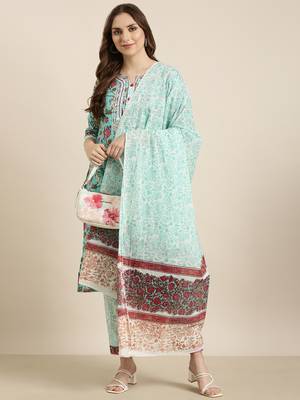 women's round neck floral block print turquoise blue straight kurta and trouser with dupatta 4