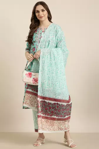 women's round neck floral block print turquoise blue straight kurta and trouser with dupatta
